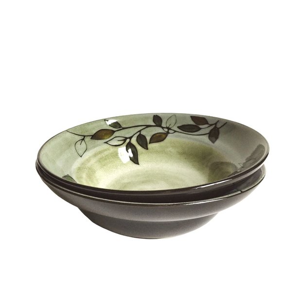 Set Of 4 Praltzgraf Rustic Leaves Soup/Salad Bowls  Stoneware Green & Brown Desi - Picture 2 of 3